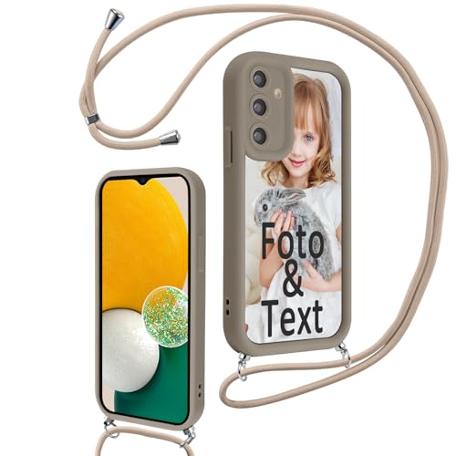 Saqmkil Handykette für Samsung Galaxy A13 5G 6,5'' Personalisierte Hülle mit Band, Personalisiert Handyhülle mit Kette Selbst Gestalten mit Foto Bild, Khaki Schutzhülle für Samsung A13 5G zum Umhängen von Saqmkil