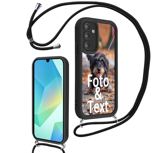 Saqmkil Handykette für Samsung Galaxy A16 4G/5G 6,7'' Personalisierte Hülle mit Band, Personalisiert Handyhülle mit Kette Kordel mit Foto Bild, Schwarz Schutzhülle für Samsung A16 zum Umhängen von Saqmkil