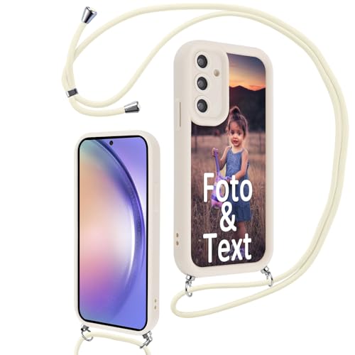 Saqmkil Handykette für Samsung Galaxy A54 5G 6,4'' Personalisierte Hülle mit Band, Personalisiert Handyhülle mit Kette Selbst Gestalten mit Foto Bild, Beige Schutzhülle für Samsung A54 5G zum Umhängen von Saqmkil