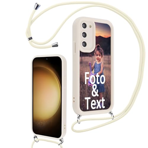 Saqmkil Handykette für Samsung Galaxy S23 Plus/S23+ 5G 6,6'' Personalisierte Hülle mit Band, Personalisiert Handyhülle mit Kette mit Foto Bild, Beige Schutzhülle für Samsung S23+ 5G zum Umhängen von Saqmkil