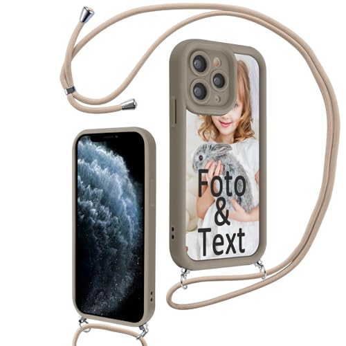 Saqmkil Handykette für iPhone 11 Pro Max 6,5'' Personalisierte Hülle mit Band, Personalisiert Handyhülle mit Kette Selbst Gestalten mit Foto Bild, Khaki Schutzhülle für iPhone 11 Pro Max zum Umhängen von Saqmkil