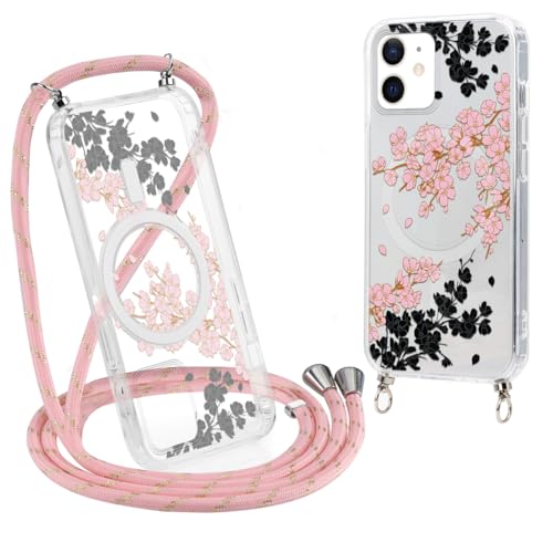 Saqmkil Handykette für iPhone 12/12 Pro 6,1'' Magnetisch Hülle mit Band, Transparent Handyhülle [Kompatibel mit MagSafe] mit Kordel, Aesthetic Schutzhülle für iPhone 12 Pro zum Umhängen, Blumen 02 von Saqmkil