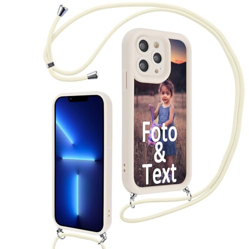 Saqmkil Handykette für iPhone 13 Pro Max 6,7'' Personalisierte Hülle mit Band, Personalisiert Handyhülle mit Kette Selbst Gestalten mit Foto Bild, Beige Schutzhülle für iPhone 13 Pro Max zum Umhängen von Saqmkil