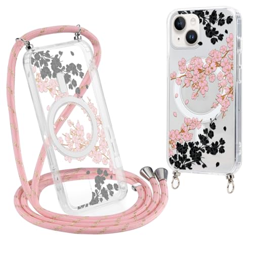 Saqmkil Handykette für iPhone 14/iPhone 13 6,1'' Magnetisch Hülle mit Band, Transparent Handyhülle [Kompatibel mit MagSafe] mit Kordel, Aesthetic Schutzhülle für iPhone 13 zum Umhängen, Blumen 02 von Saqmkil