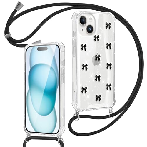 Saqmkil Handykette für iPhone 15 6,1'' Hülle mit Band, 3D Schleifen Süßes Glitzer Paillette Transparent Handyhülle mit Kette Kordel, Aesthetic Design Schutzhülle für iPhone 15 zum Umhängen, Schwarz Saqmkil Handykette für iPhone 15 6,1'' Hülle mit Band, 3D Schleifen Süßes Glitzer Paillette Transparent Handyhülle mit Kette Kordel, Aesthetic Design Schutzhülle für iPhone 15 zum Umhängen, Schwarz von Saqmkil
