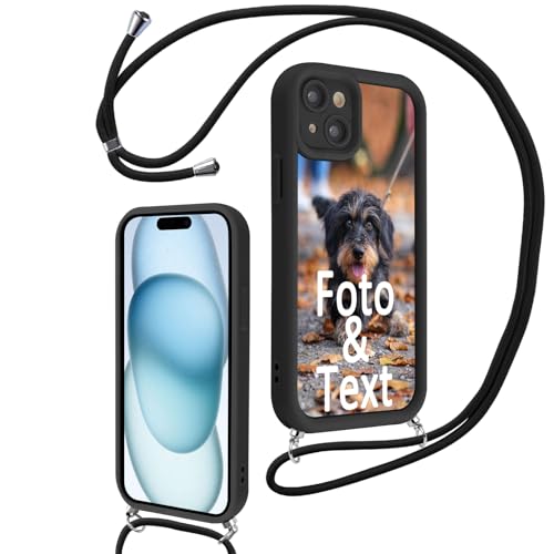 Saqmkil Handykette für iPhone 15 6,1'' Personalisierte Hülle mit Band, Personalisiert Handyhülle mit Kette Kordel Selbst Gestalten mit Foto Bild Text, Schwarz Schutzhülle für iPhone 15 zum Umhängen von Saqmkil
