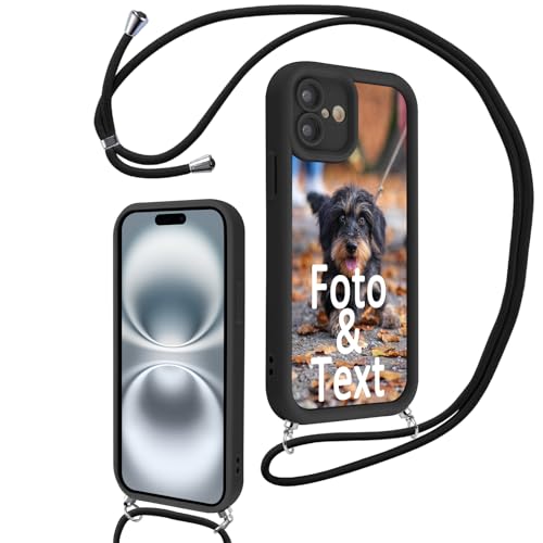 Saqmkil Handykette für iPhone 16 6,1'' Personalisierte Hülle mit Band, Personalisiert Handyhülle mit Kette Kordel Selbst Gestalten mit Foto Bild Text, Schwarz Schutzhülle für iPhone 16 zum Umhängen von Saqmkil