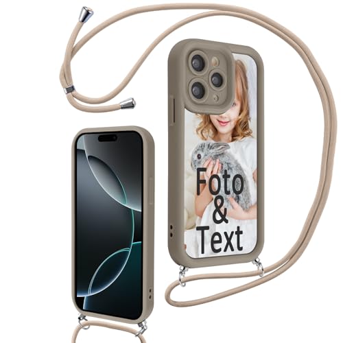 Saqmkil Handykette für iPhone 16 Pro 6,3'' Personalisierte Hülle mit Band, Personalisiert Handyhülle mit Kette Kordel Selbst Gestalten mit Foto Bild, Khaki Schutzhülle für iPhone 16 Pro zum Umhängen von Saqmkil