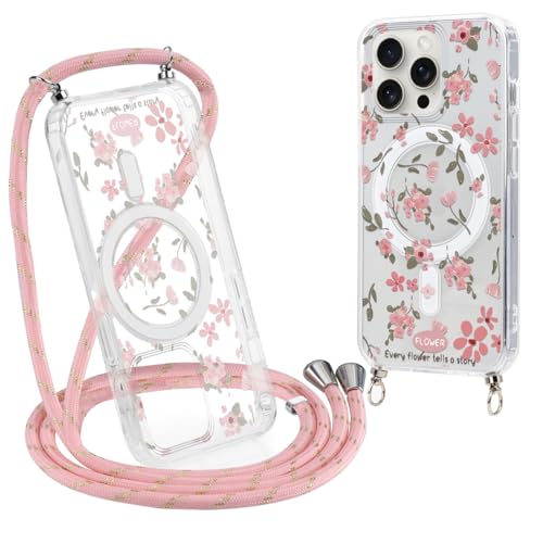 Saqmkil Handykette für iPhone 16 Pro Max 6,9'' Magnetisch Hülle mit Band, Transparent Handyhülle [Kompatibel mit MagSafe] mit Kordel, Schutzhülle für iPhone 16 Pro Max zum Umhängen, Blumen 01 von Saqmkil