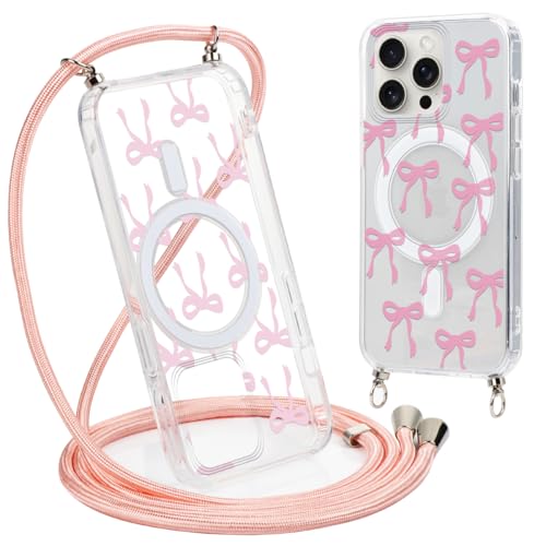 Saqmkil Handykette für iPhone 16 Pro Max 6,9'' Magnetisch Hülle mit Band, Transparent Handyhülle [Kompatibel mit MagSafe] mit Kordel, Schutzhülle für iPhone 16 Pro Max zum Umhängen, Schleifen 02 von Saqmkil