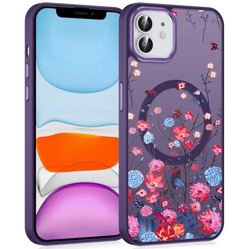 Saqmkil Magnetische Handyhülle für iPhone 12/iPhone 12 Pro 6,1" Hülle, Kompatibel mit MagSafe, Aesthetic Blumen Muster Transluzente Mädchen Case, Matte PC Dünn TPU Stoßfest Kratzfest Schutzhülle Lila von Saqmkil