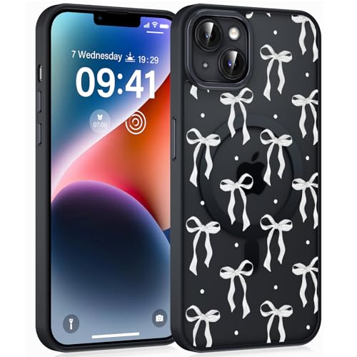 Saqmkil Magnetische Handyhülle für iPhone 14/iPhone 13 6,1" Hülle, Kompatibel mit MagSafe, Aesthetic Schleifen Muster Transluzente Mädchen Case, Matte PC Dünn TPU Bumper Stoßfest Schutzhülle Schwarz 1 von Saqmkil