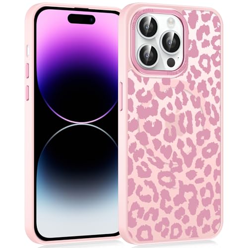 Saqmkil Magnetische Handyhülle für iPhone 15 Pro 6,1" Hülle, Kompatibel mit MagSafe, Aesthetic Leopard Muster Transluzente Mädchen Case, Matte PC Dünn TPU Bumper Stoßfest Kratzfest Schutzhülle Rosa 5 von Saqmkil