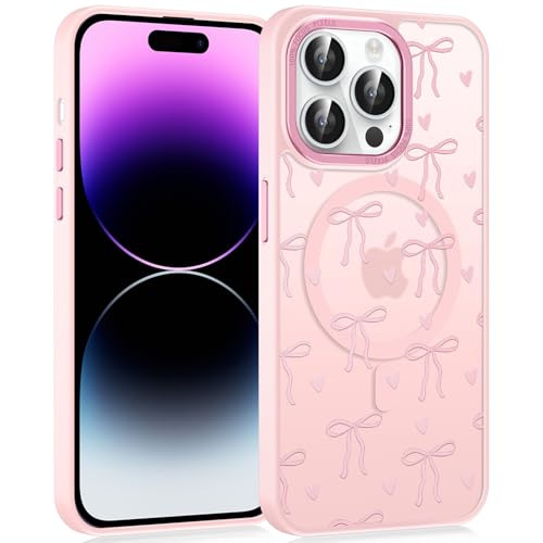 Saqmkil Magnetische Handyhülle für iPhone 15 Pro 6,1" Hülle,Kompatibel mit MagSafe, Aesthetic Schleifen Muster Transluzente Mädchen Case, Matte PC Dünn TPU Bumper Stoßfest Kratzfest Schutzhülle Rosa 4 von Saqmkil