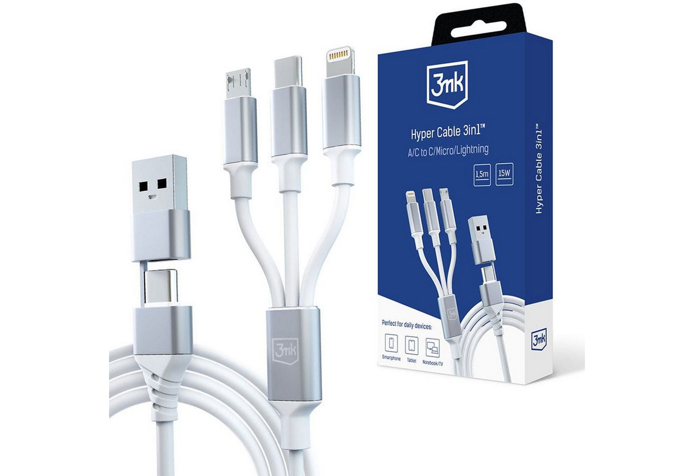 Sarcia.eu Hyper Cable 3in1 Kabel USB-A/USB-C zu USB-C/Micro/Lightning 1.5m USB-Kabel Sarcia.eu Hyper Cable 3in1 Kabel USB-A/USB-C zu USB-C/Micro/Lightning 1.5m USB-Kabel von Sarcia.eu