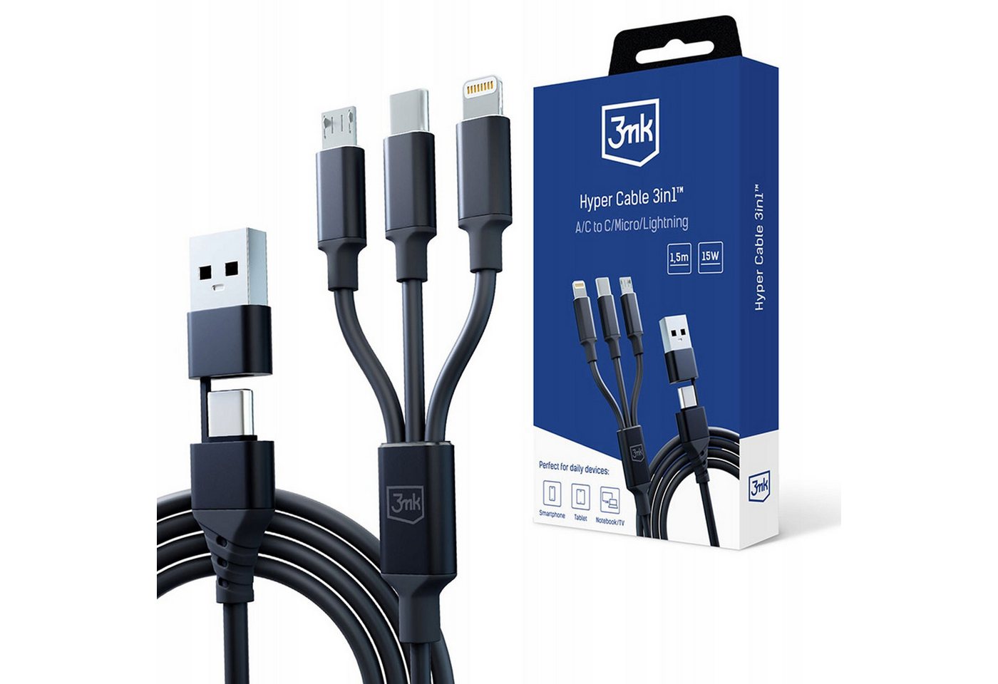Sarcia.eu Hyper Cable Black USB-A/USB-C zu USB-C/Micro/Lightning Kabel 1.5m USB-Kabel Sarcia.eu Hyper Cable Black USB-A/USB-C zu USB-C/Micro/Lightning Kabel 1.5m USB-Kabel von Sarcia.eu