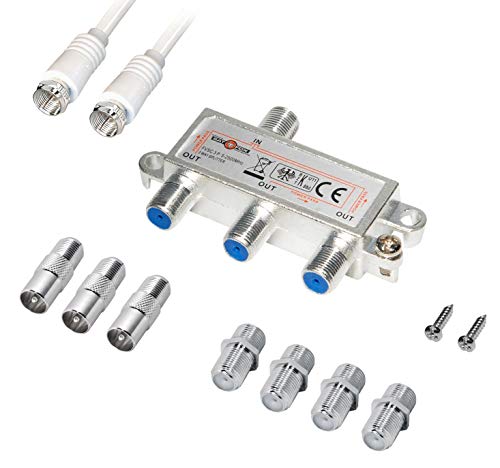 3-Fach TV Radio F-Stecker Antennen SAT Splitter Metall TV-Verteiler 5-2500MHz inkl. Adapter + 1x 1,5m F-SatKabel + 3X F Buchse auf Koax Stecker + 4X F-Buchse auf F Buchse von Sat-Fox