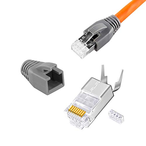CAT7 RJ45 Crimp Stecker mit Zugentlastung - 10 Stück Grau, Netzwerkstecker für 10Gbit/s Ethernet, Vergoldete Kontakte, LAN, Kompatibel mit Cat6, Cat6a, Cat7 Kabeln, Perfekt für Heim- & Büronetzwerke von SatShop-Ft