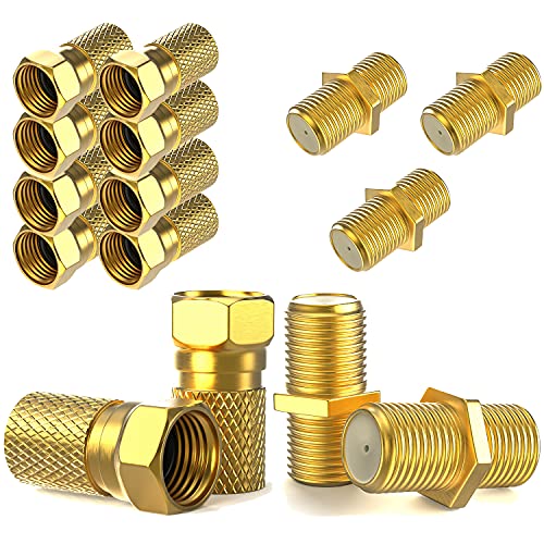 F-Stecker 7mm 10x + F-Verbinder 5X vergoldet | Gummidichtung | breite Mutter schraubbar | Verlängerung für Koaxial Antennenkabel Koax SAT Kabel | BK Anlagen | Satelliten LNB F Stecker + Verbinder Set von SatShop-Ft