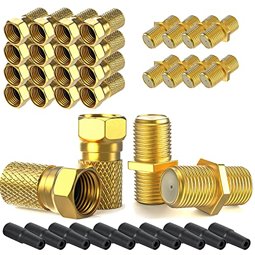 F-Stecker 7mm 20x + F-Verbinder 10x vergoldet 10x Gummitülle | Gummidichtung breite Mutter schraubbar | Verlängerung für Koaxial Antennenkabel Koax SAT Kabel | BK Anlagen | Satelliten LNB Montage SET von SatShop-Ft