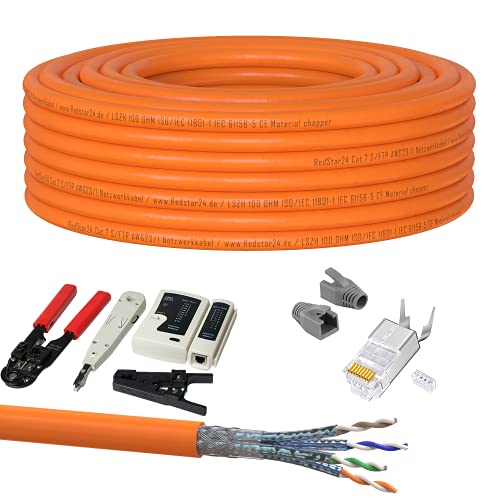 SatShop-Ft 30m CAT 7 Verlegekabel Netzwerkkabel CAT.7 + Crimpzange RJ45 Zange + Kabelmesser + 10x Netzwerkstecker Netzwerk Stecker LAN Halogenfrei Installationskabel CAT7 Kupfer Kabel Netzwerk von SatShop-Ft