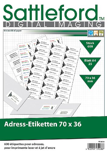 Sattleford Drucker Etiketten: 600 Adress-Etiketten 70x36 mm Universal für Laser/Inkjet (Drucker Etiketten selbstklebend, Laserdruck-Etiketten, Druckerpapier) von Sattleford