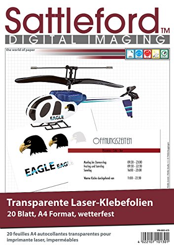 Sattleford Etiketten Folien: 40 Klebefolien A4 für Laserdrucker transparent (Etiketten A4, Laser-Klebefolie transparent, Papier) von Sattleford