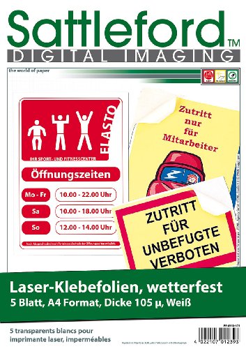 Sattleford Klebepapier: 5 Klebefolien wetterfest A4 für Laserdrucker weiß (Folie Laserdrucker, Laserfolie, Farblaserdrucker) von Sattleford