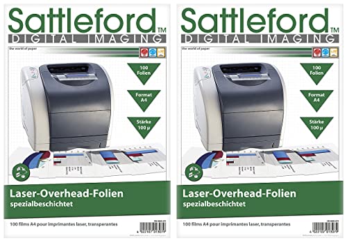 Sattleford Laser-Overheadfolien: 200 Overhead-Folien für Laserdrucker & Kopierer 100µ/glasklar,Sparpack (Overheadfolie Laserdrucker, Folie zum bedrucken Laserdrucker) von Sattleford