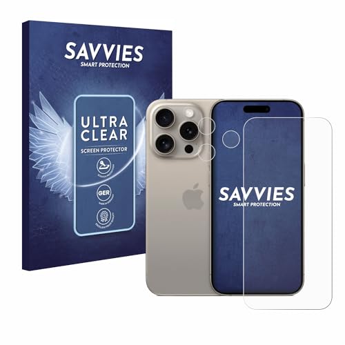 Savvies 18 Stück Schutzfolie für Apple iPhone 15 Pro (Display+Kamera) Displayschutz-Folie Ultra-Transparent von Savvies