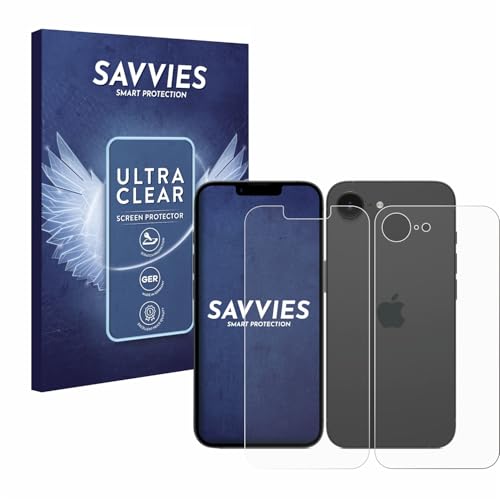 Savvies 18 Stück Schutzfolie für Apple iPhone 16e (Display+Rückseite) Displayschutz-Folie Ultra-Transparent von Savvies