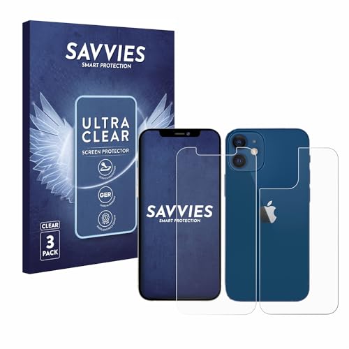 Savvies 6 Stück Schutzfolie für Apple iPhone 12/12 Pro (Vorder + Rückseite) Displayschutz-Folie Ultra-Transparent von Savvies