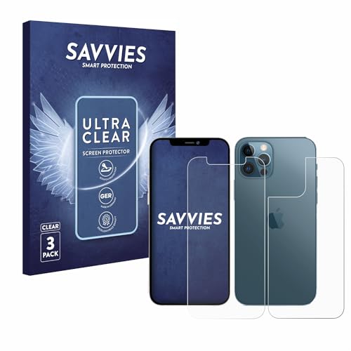 Savvies 6 Stück Schutzfolie für Apple iPhone 12 Pro (Display+Rückseite) Displayschutz-Folie Ultra-Transparent von Savvies