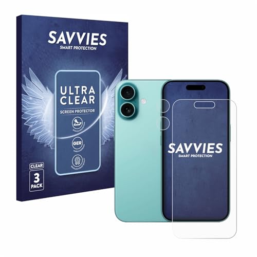 Savvies 6 Stück Schutzfolie für Apple iPhone 16 (Display+Kamera) Displayschutz-Folie Ultra-Transparent von Savvies