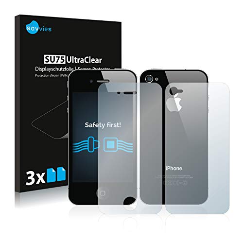 Savvies 6 Stück Schutzfolie für Apple iPhone 4S (Display+Rückseite) Displayschutz-Folie Ultra-Transparent von Savvies