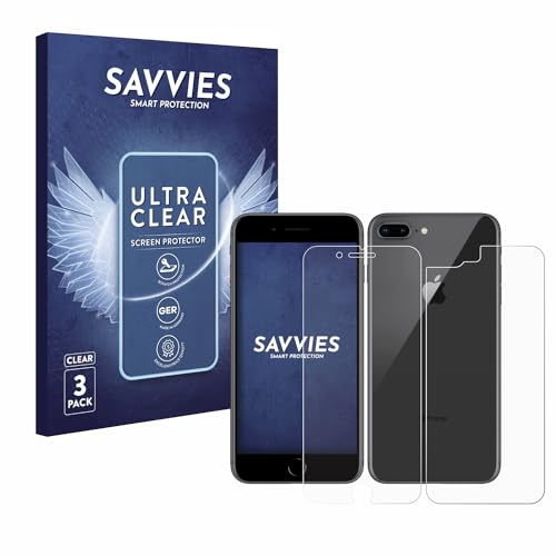Savvies 6 Stück Schutzfolie für Apple iPhone 8 Plus (Display+Rückseite) Displayschutz-Folie Ultra-Transparent von Savvies