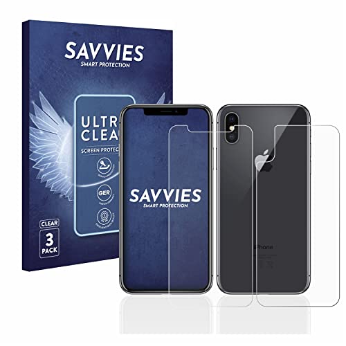 Savvies 6 Stück Schutzfolie für Apple iPhone X/Xs (Vorder + Rückseite) Displayschutz-Folie Ultra-Transparent von Savvies
