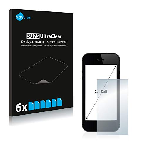 Savvies 6x Schutzfolie 2.4" für Smartphones und Handys mit 2,4 Zoll (6.1 cm) [36.98 x 49.29 mm, 4:3] Displayschutz-Folie Ultra-Transparent von Savvies