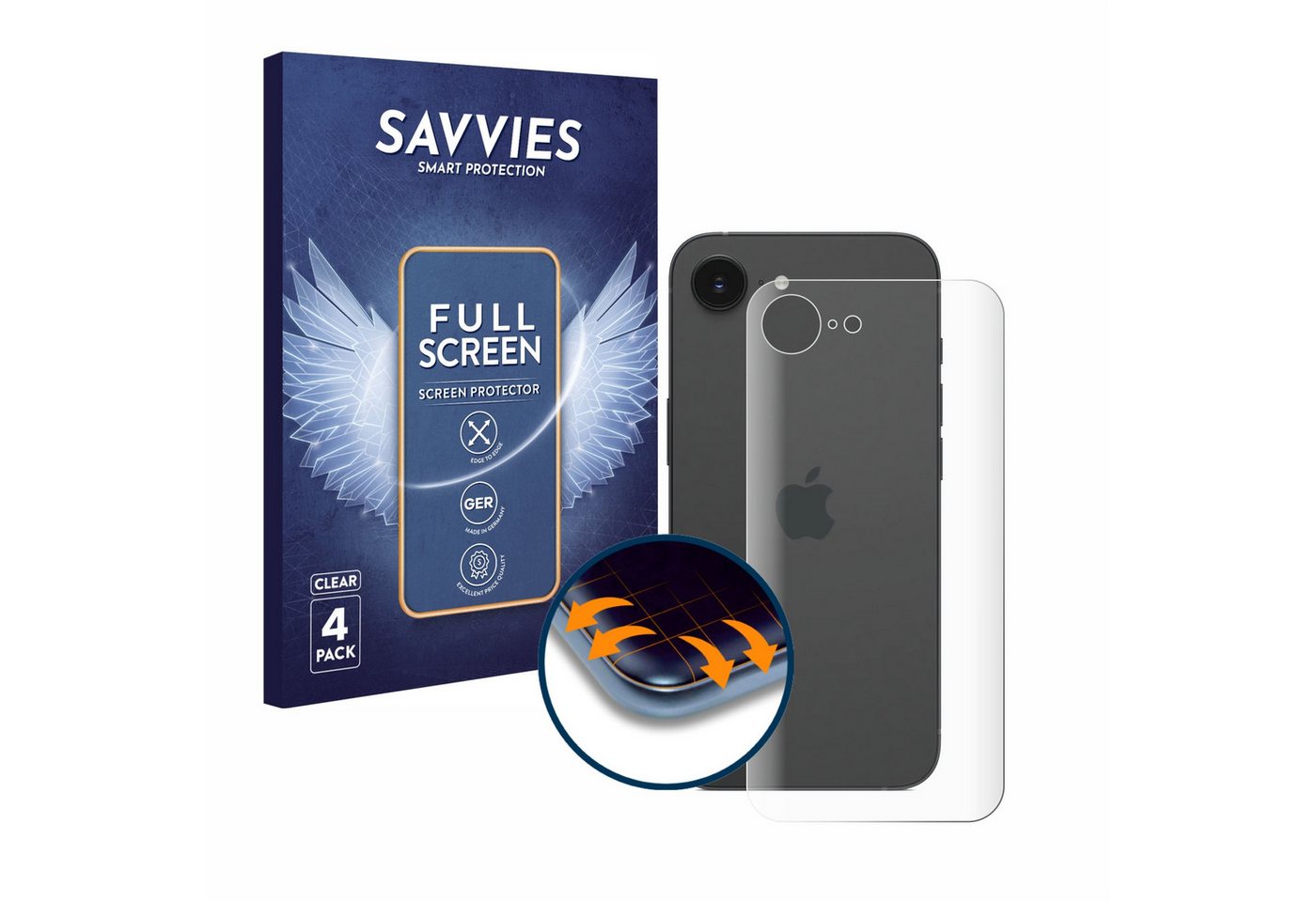 Savvies Displayschutzfolie Fullscreen Schutzfolie für Apple iPhone 16e (Rückseite), 4 Stück, Displayschutz Folie Fullcover Klar Transparent von Savvies