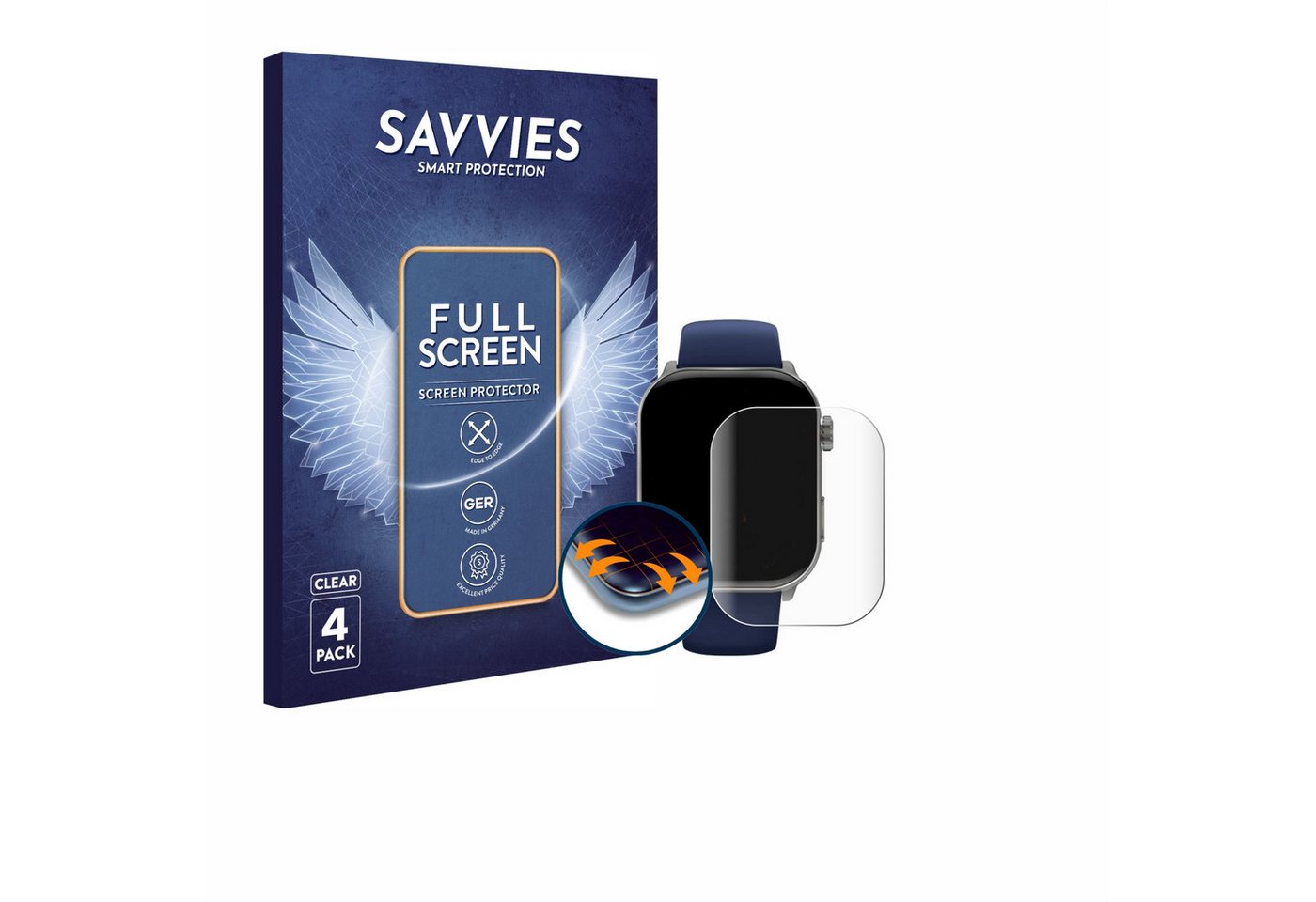 Savvies Displayschutzfolie Fullscreen Schutzfolie für GARD PRO HEALTH SMARTWATCH 3 (48 mm), 4 Stück, Displayschutz Folie Fullcover Klar Transparent von Savvies
