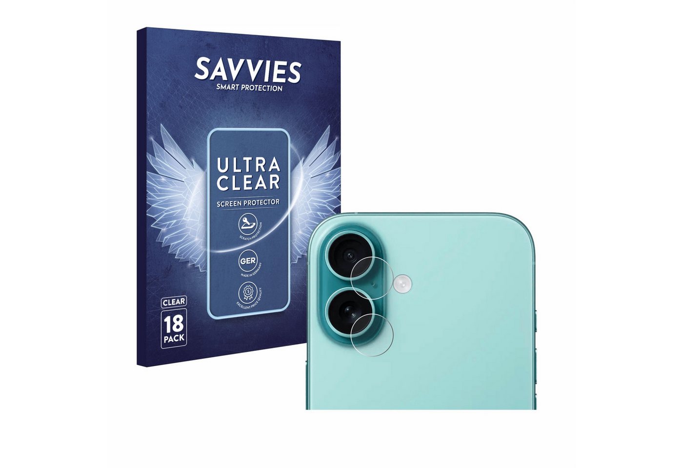 Savvies Displayschutzfolie Schutzfolie für Apple iPhone 16 Plus (NUR Kameraschutz), 18 Stück, Displayschutz Schutz Folie Klar Transparent von Savvies