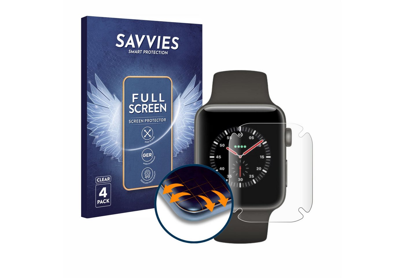 Savvies Full-Cover Schutzfolie für Apple Watch Edition Series 3 (38 mm), Displayschutzfolie, 4 Stück, 3D Curved klar von Savvies