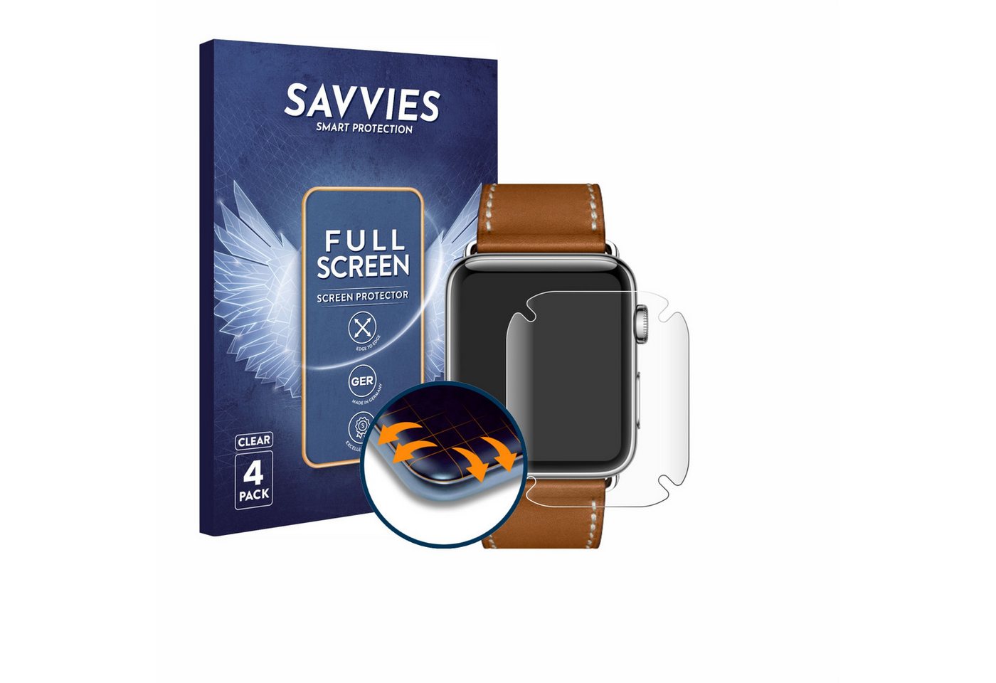 Savvies Full-Cover Schutzfolie für Apple Watch Hermès Series 3 (38 mm), Displayschutzfolie, 4 Stück, 3D Curved klar von Savvies