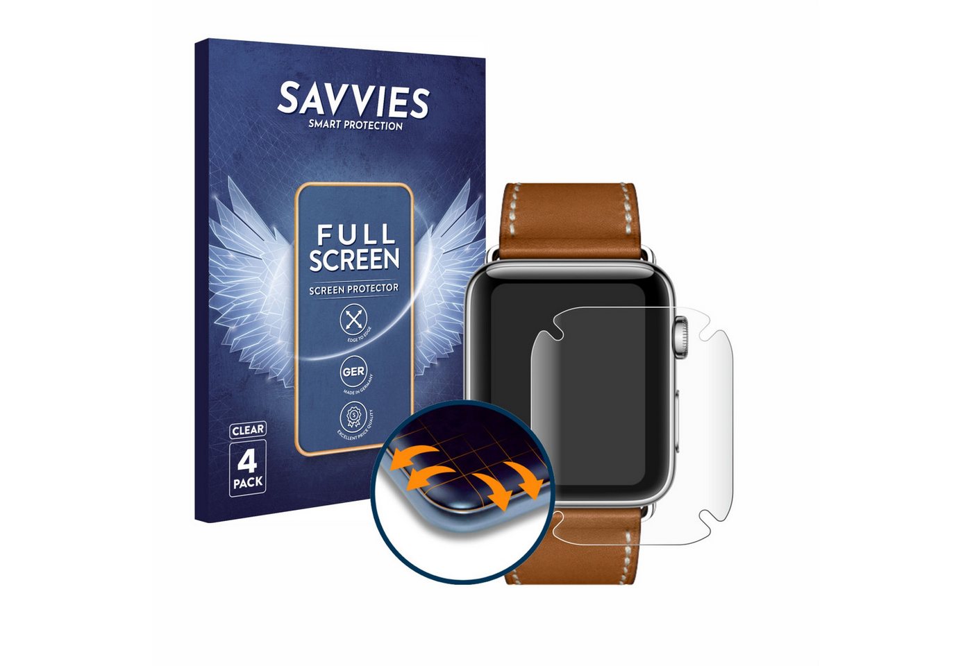 Savvies Full-Cover Schutzfolie für Apple Watch Hermès Series 3 (42 mm), Displayschutzfolie, 4 Stück, 3D Curved klar von Savvies