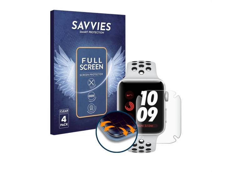 Savvies Full-Cover Schutzfolie für Apple Watch Nike Plus Series 3 (38 mm), Displayschutzfolie, 4 Stück, 3D Curved klar von Savvies