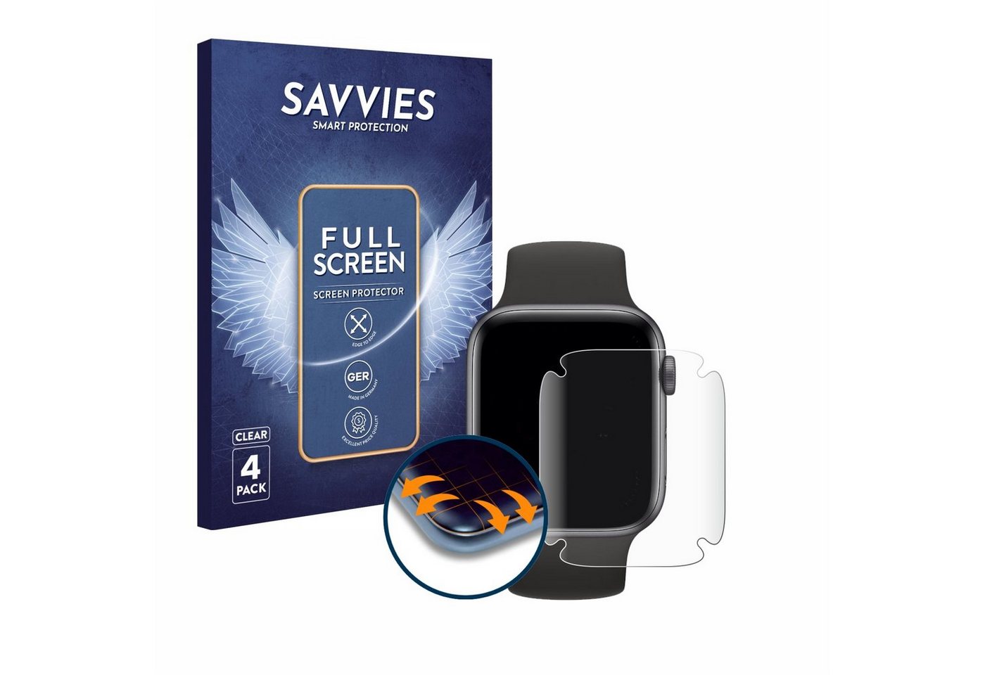 Savvies Full-Cover Schutzfolie für Apple Watch SE (40 mm), Displayschutzfolie, 4 Stück, 3D Curved klar von Savvies