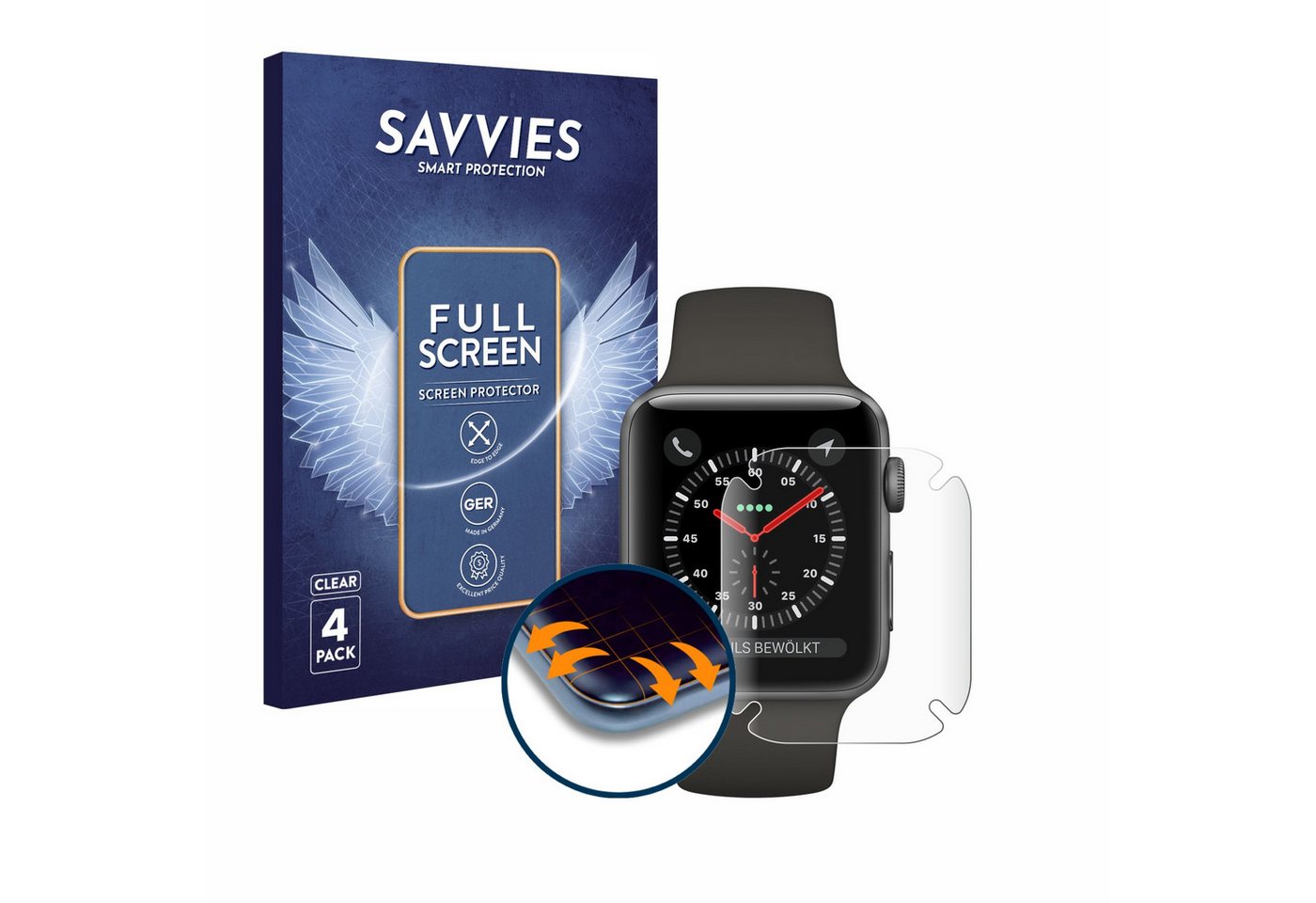 Savvies Full-Cover Schutzfolie für Apple Watch Series 3 (38 mm), Displayschutzfolie, 4 Stück, 3D Curved klar von Savvies