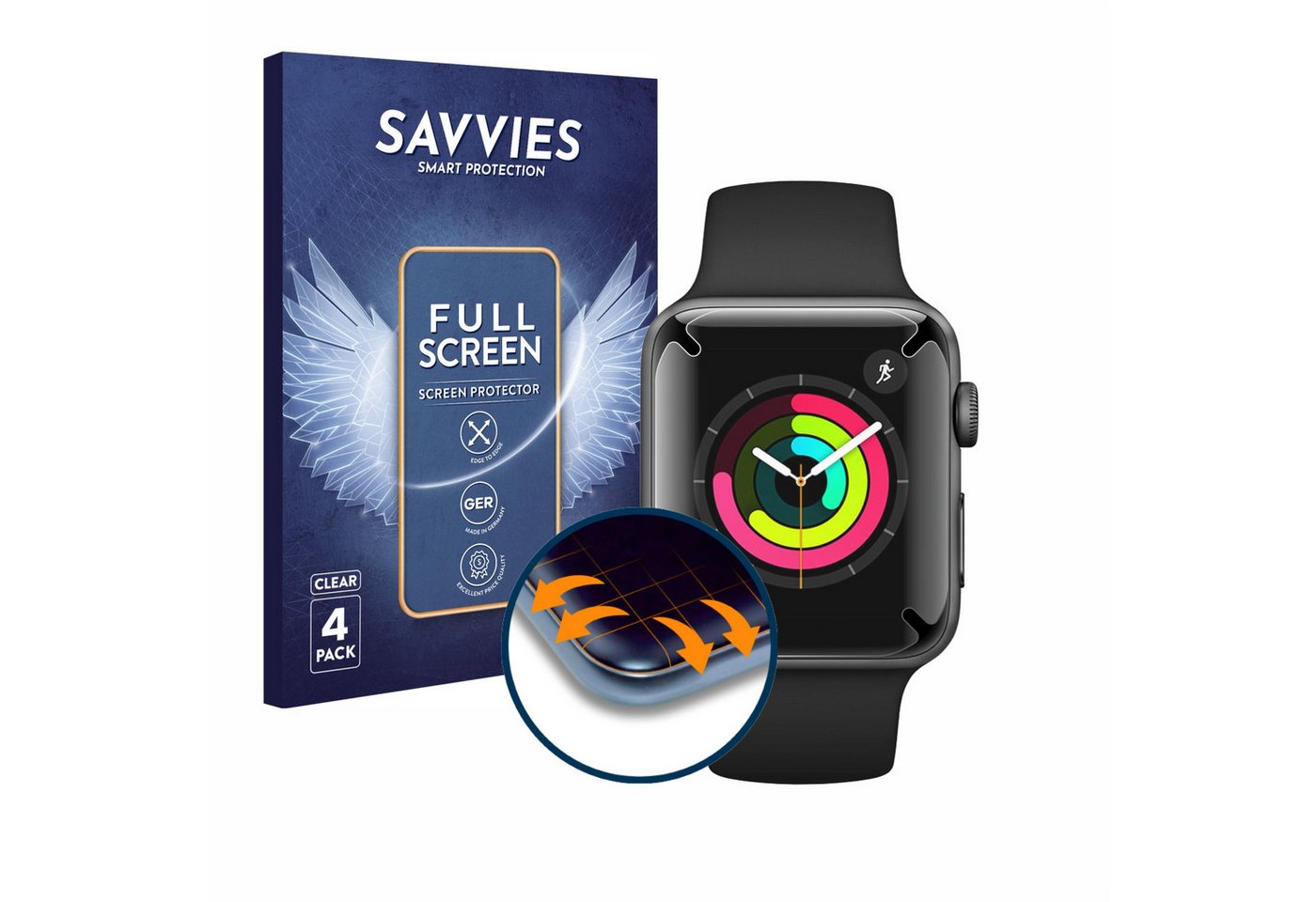 Savvies Full-Cover Schutzfolie für Apple Watch Series 3 (42 mm), Displayschutzfolie, 4 Stück, 3D Curved klar von Savvies
