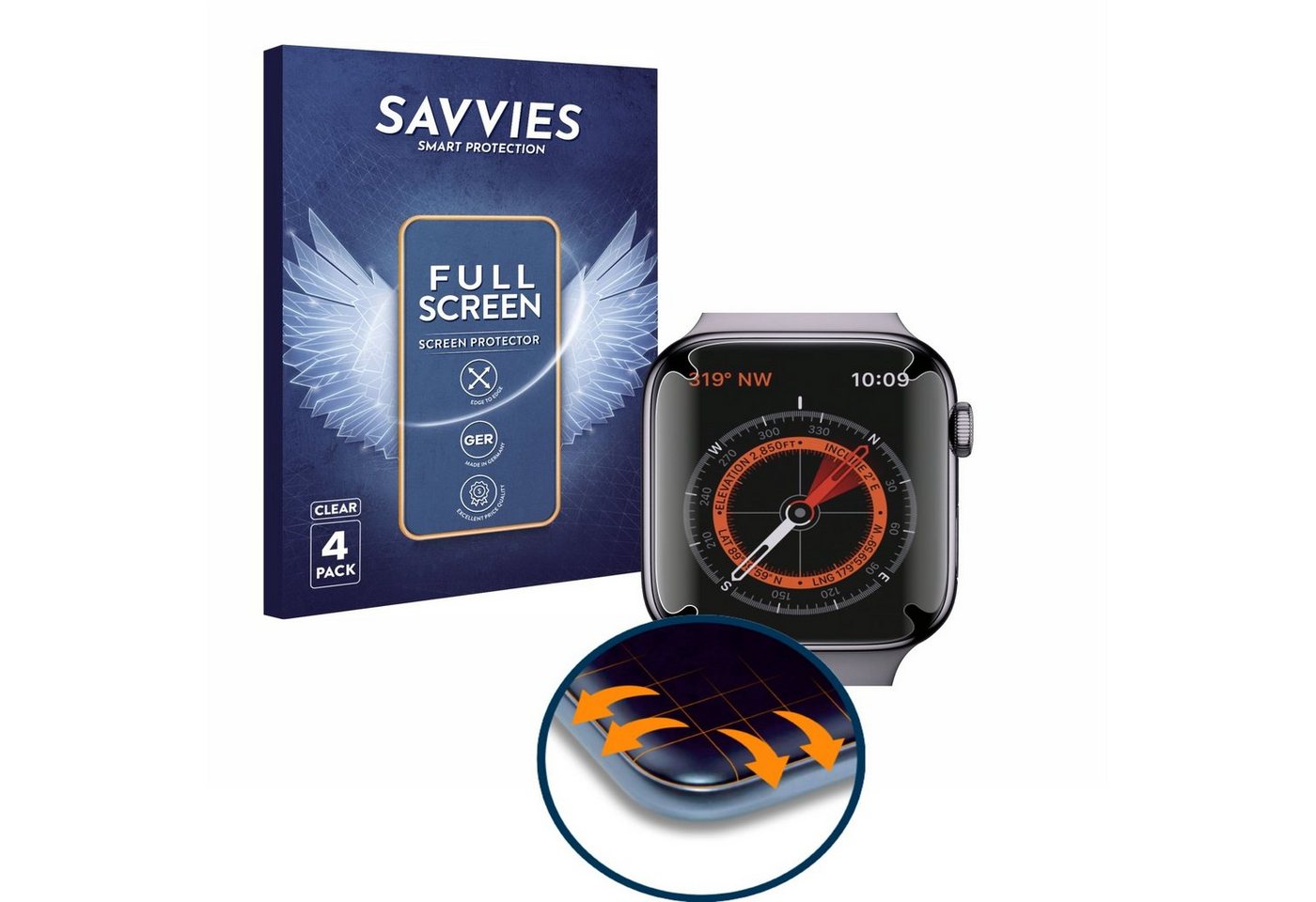 Savvies Full-Cover Schutzfolie für Apple Watch Series 5 (40 mm), Displayschutzfolie, 4 Stück, 3D Curved klar von Savvies