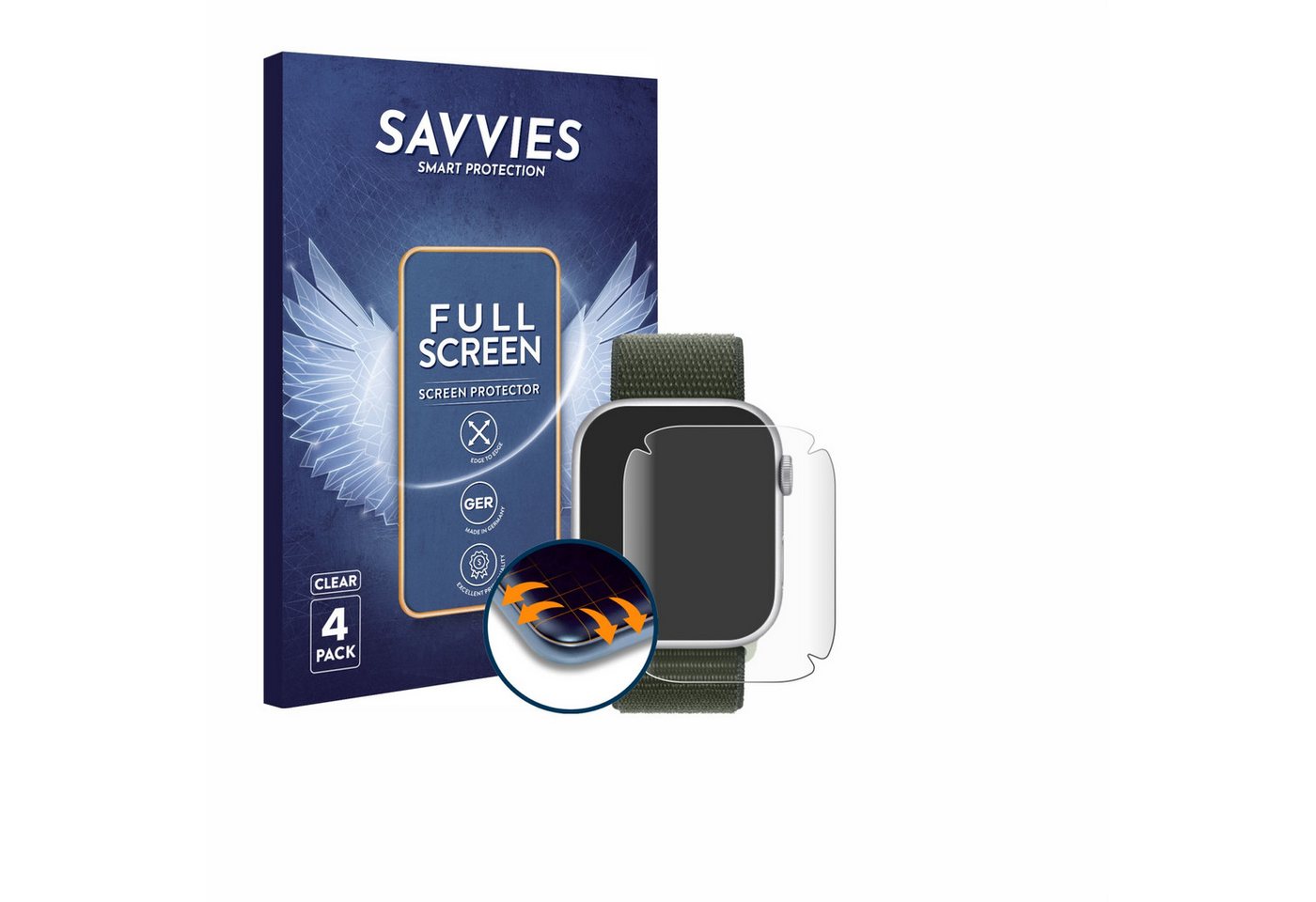 Savvies Full-Cover Schutzfolie für Apple Watch Series 9 (41 mm), Displayschutzfolie, 4 Stück, 3D Curved klar von Savvies